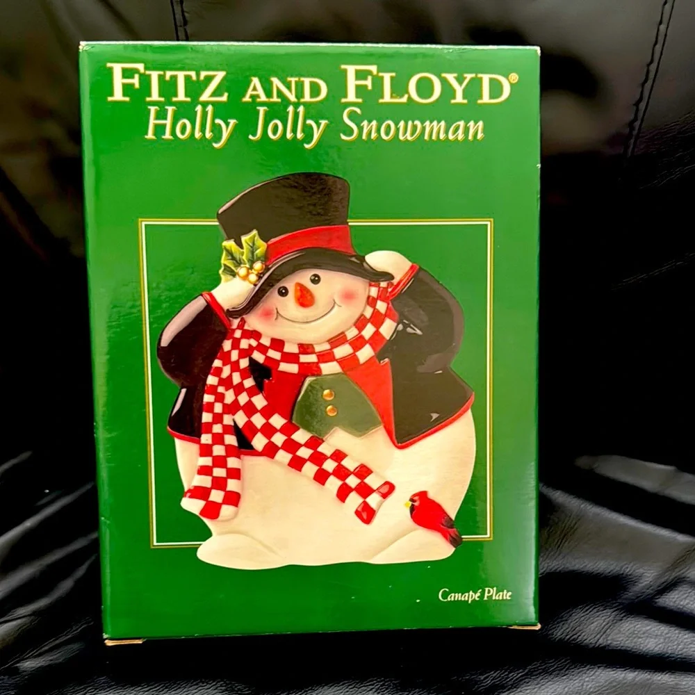 Fitz and Floyd Holly Jolly Snowman Plate with Red Checked Scarf from 2004